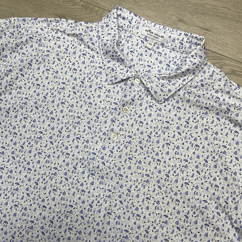 Peter Millar Summer Comfort White Christmas Tree Trucks Sled AOP Polo Men Sz XXL